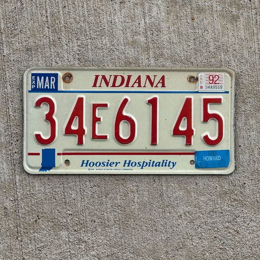 Photo of a 1991 1992 Indiana License Plate Auto Tag Garage Decor Vintage 34 E 6145 with original patina