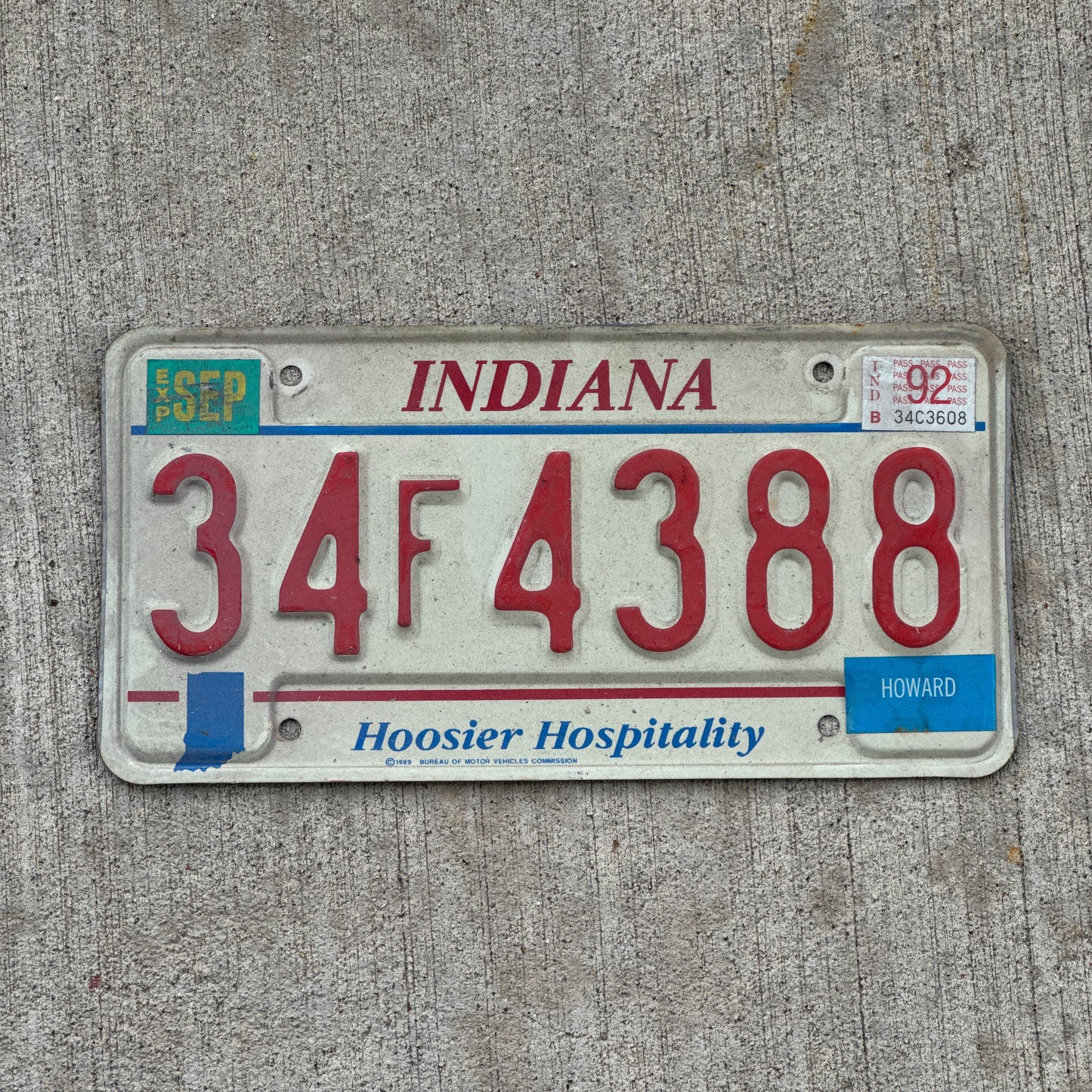 Photo of a 1991 1992 Indiana License Plate Auto Tag Garage Decor Vintage 34 F 4388 with original patina