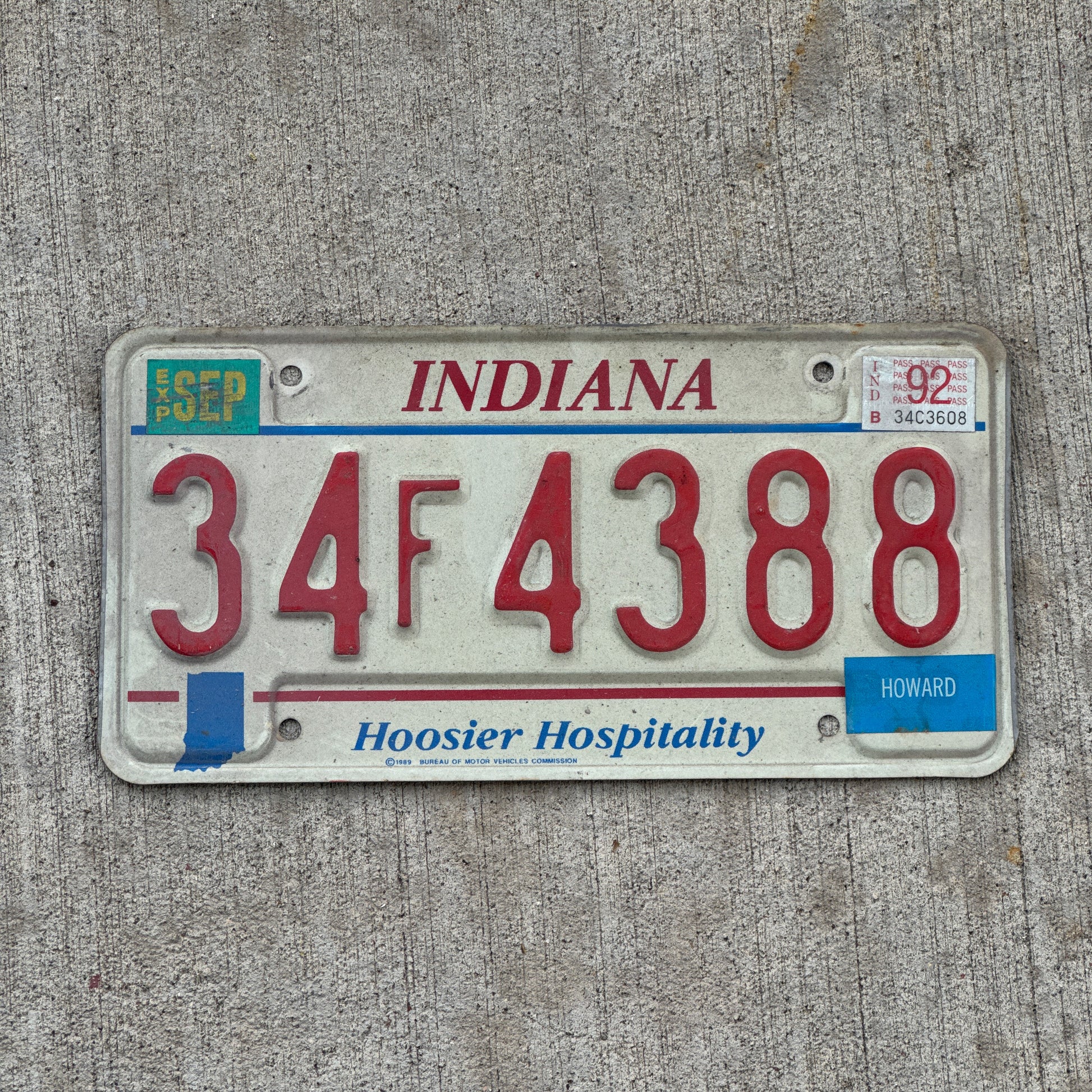 Photo of a 1991 1992 Indiana License Plate Auto Tag Garage Decor Vintage 34 F 4388 with original patina
