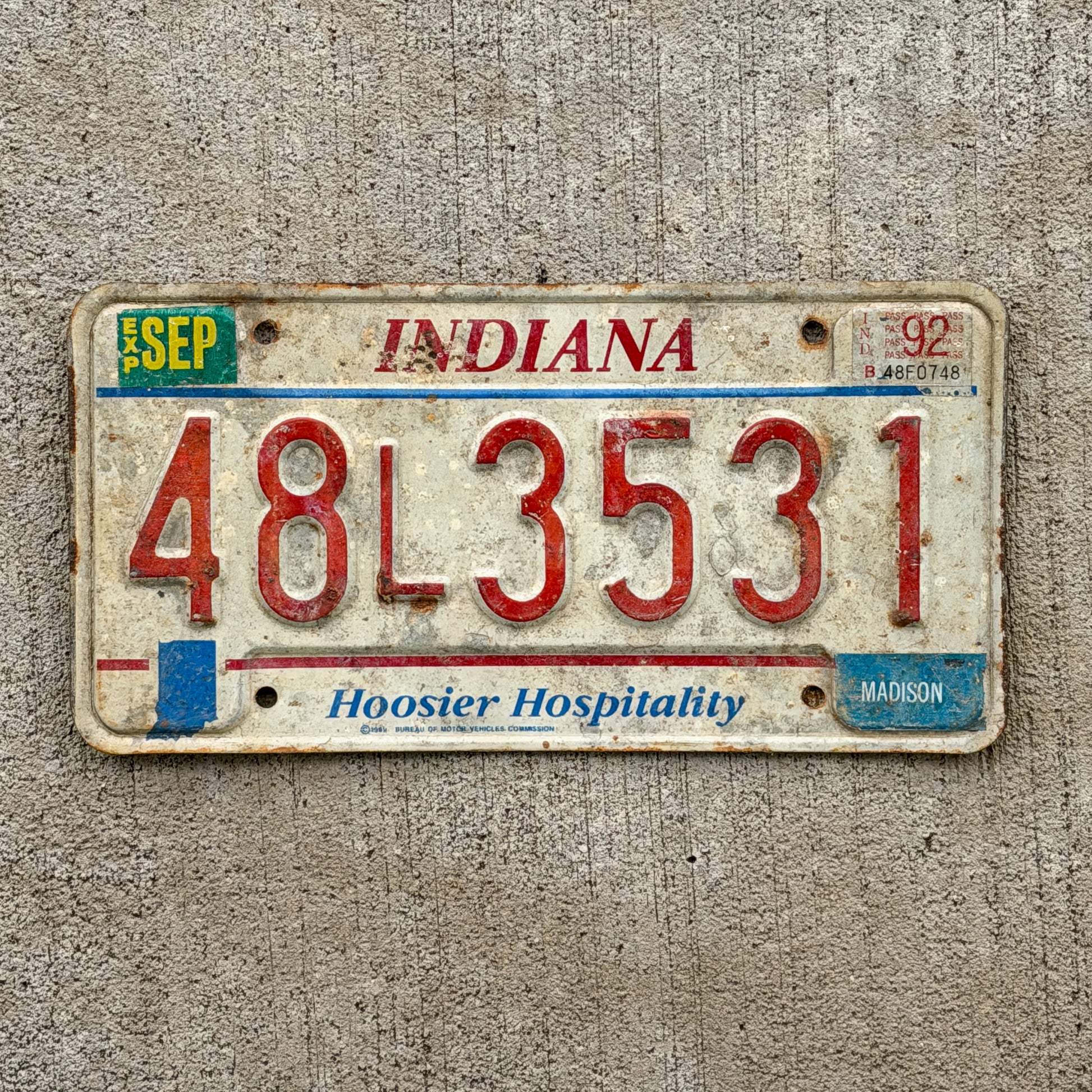 Photo of a 1991 1992 Indiana License Plate Auto Tag Garage Decor Vintage 48 L 3531 with original patina