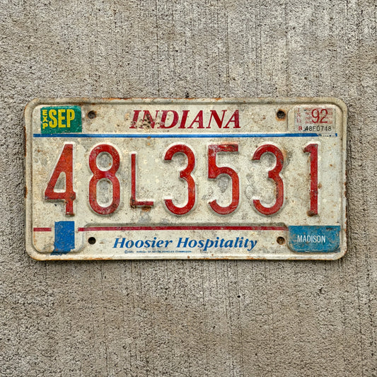 Photo of a 1991 1992 Indiana License Plate Auto Tag Garage Decor Vintage 48 L 3531 with original patina