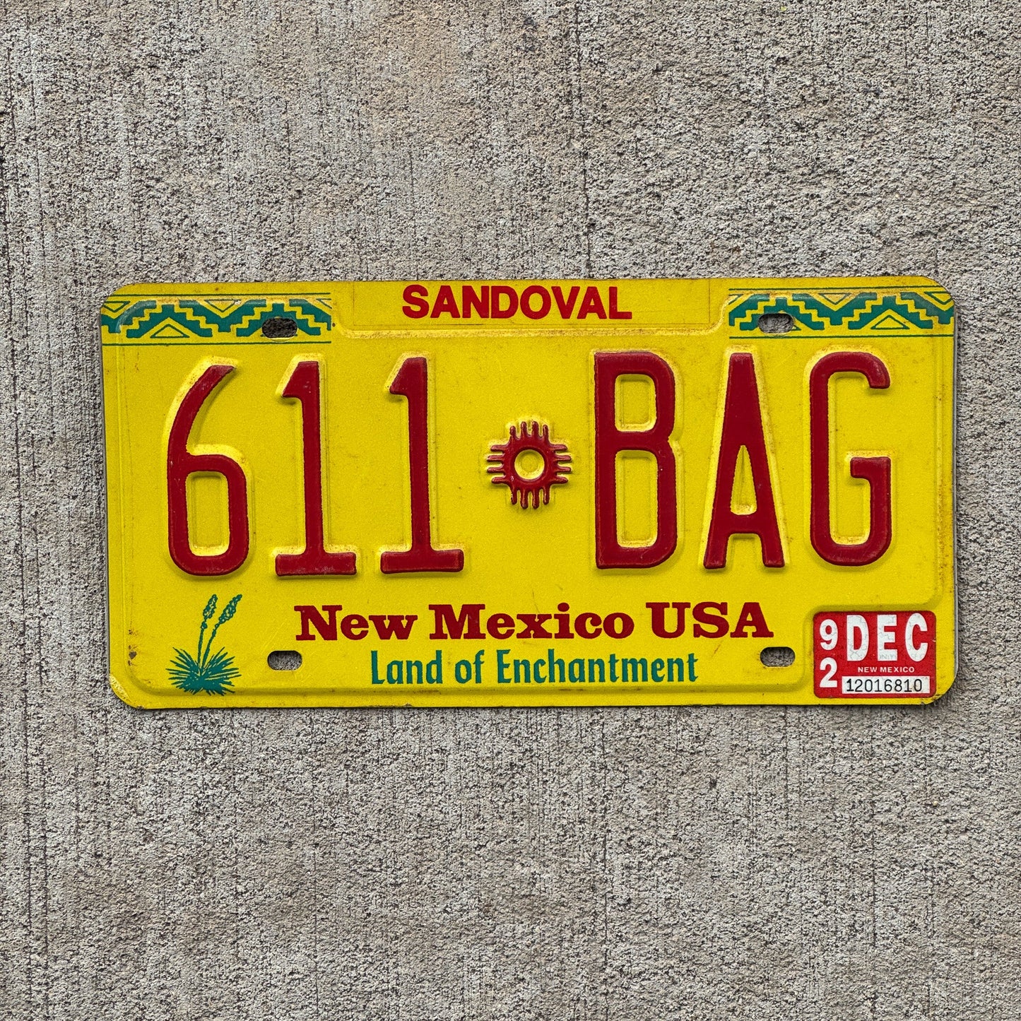 Photo of a 1991 1992 New Mexico License Plate Auto Tag Garage Decor Vintage Sandoval Zia 611 BAG