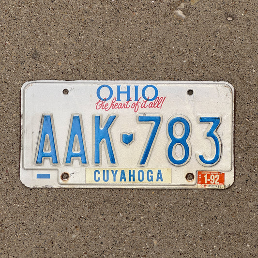 Photo of a 1991 1992 Ohio License Plate Auto Tag Garage Decor Vintage AAK 783 with original patina