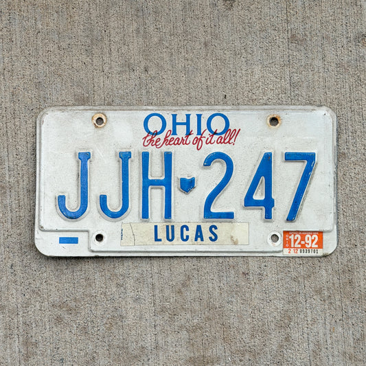 Photo of a 1991 1992 Ohio License Plate Auto Tag Garage Decor Vintage JJH 247 with original patina