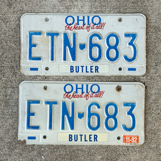 Photo of a 1991 1992 Ohio License Plate Pair Auto Tag Garage Decor Vintage ETN 683 with original patina