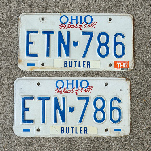 Photo of a 1991 1992 Ohio License Plate Pair Auto Tag Garage Decor Vintage ETN 786 with original patina