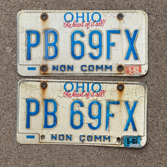 Photo of a 1991 1992 Ohio Truck License Plate Pair Auto Tag Garage Decor Vintage Non Commercial PB 69 FX with original patina