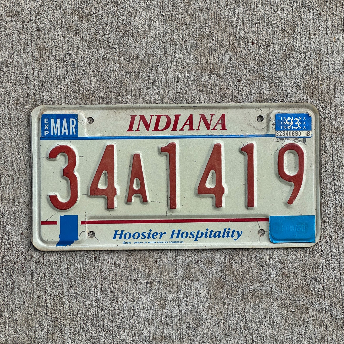Photo of a 1991 1993 Indiana License Plate Auto Tag Garage Decor Vintage 34 A 1419 with original patina