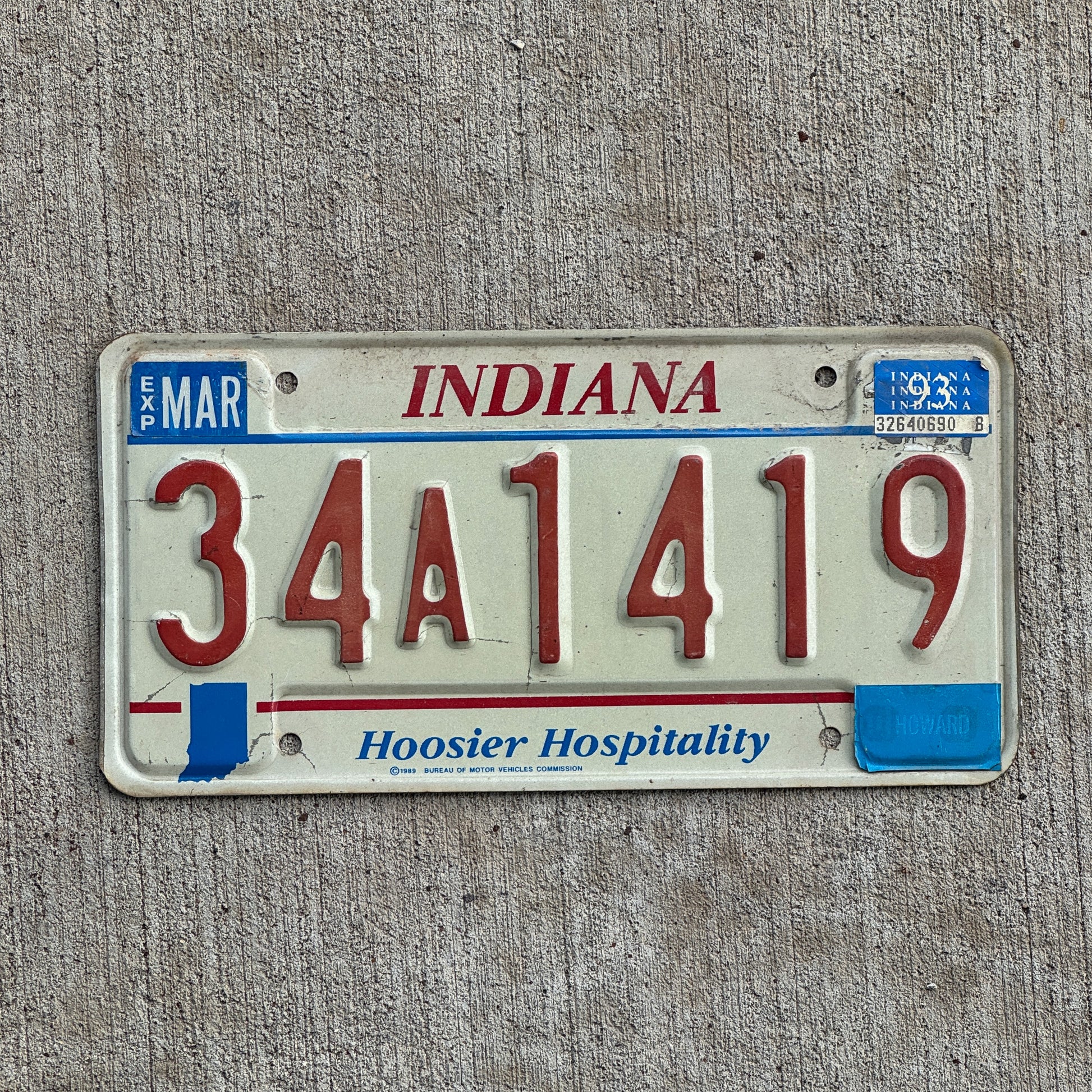 Photo of a 1991 1993 Indiana License Plate Auto Tag Garage Decor Vintage 34 A 1419 with original patina
