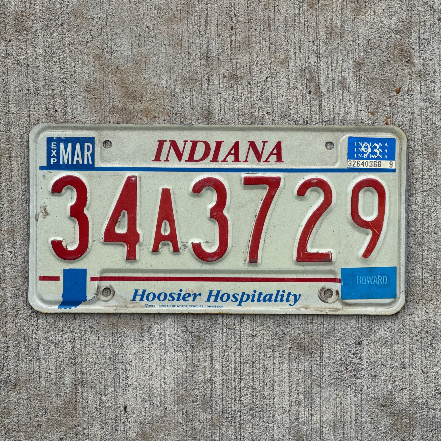 Photo of a 1991 1993 Indiana License Plate Auto Tag Garage Decor Vintage 34 A 3729 with original patina