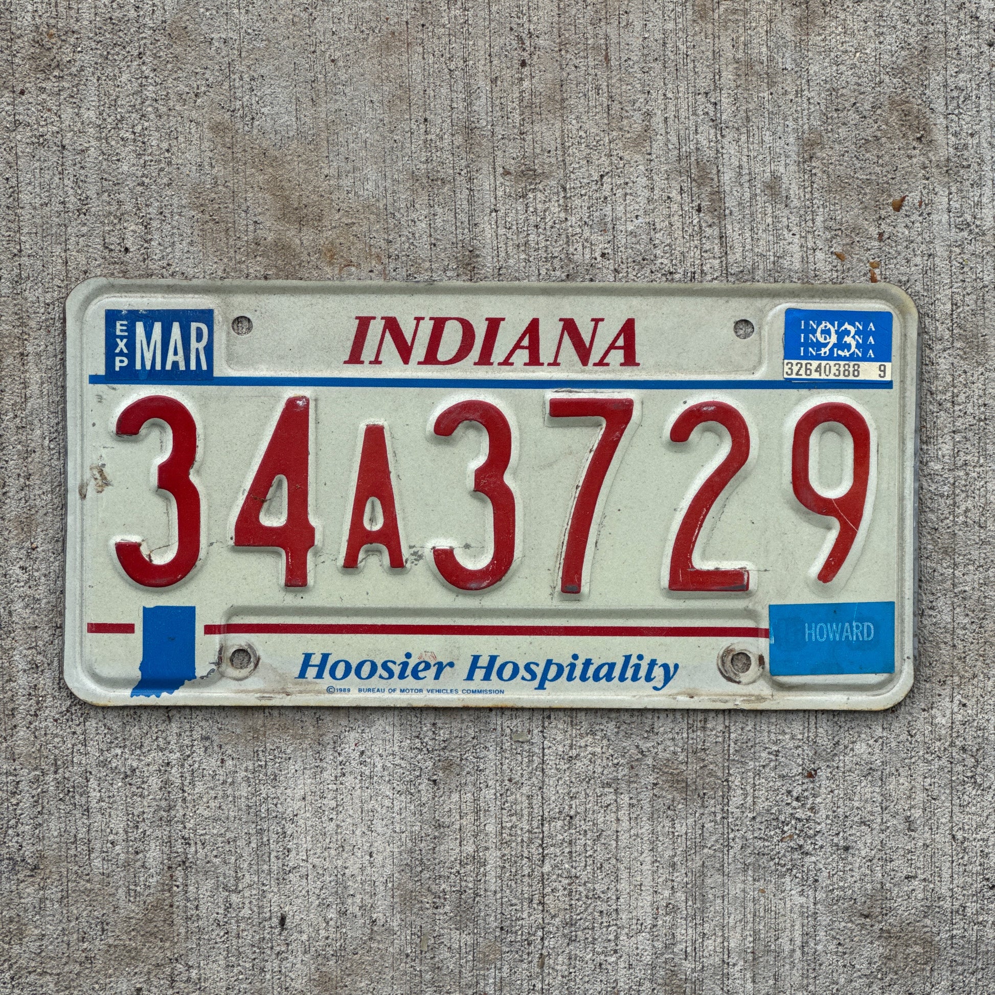 Photo of a 1991 1993 Indiana License Plate Auto Tag Garage Decor Vintage 34 A 3729 with original patina