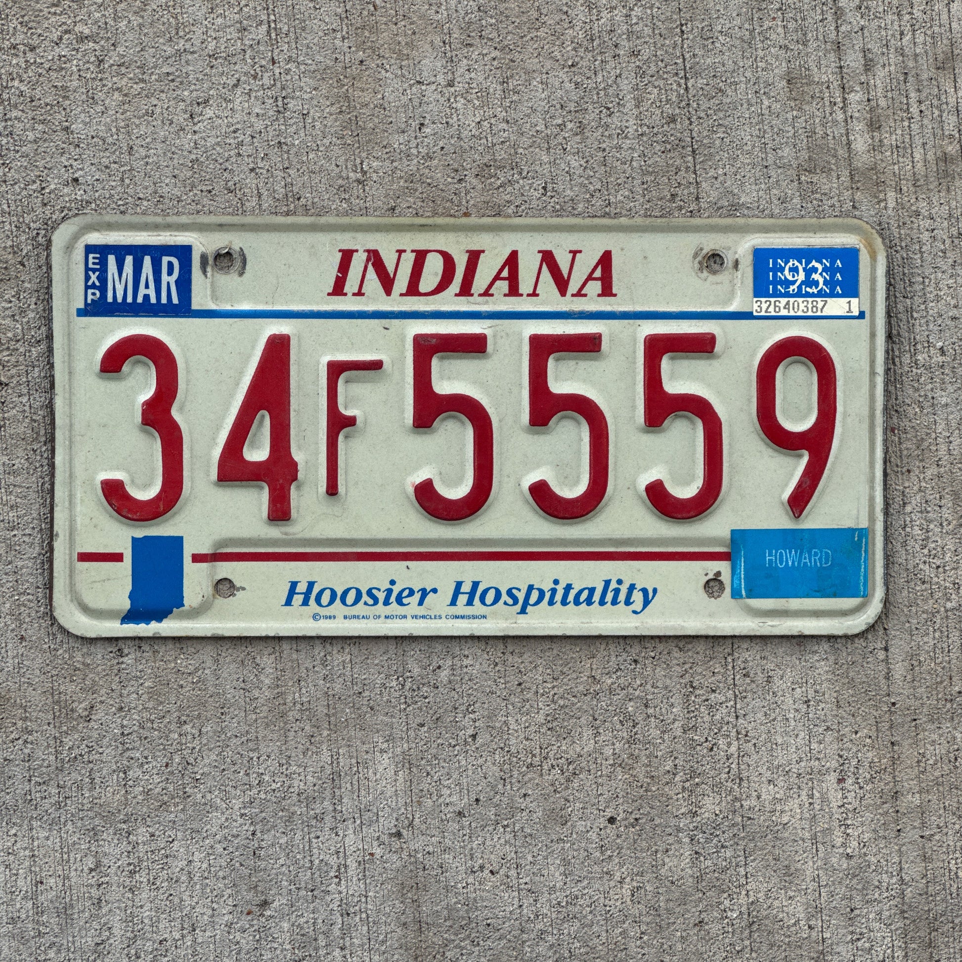 Photo of a 1991 1993 Indiana License Plate Auto Tag Garage Decor Vintage Repeat Repeating 34 F 5559 with original patina