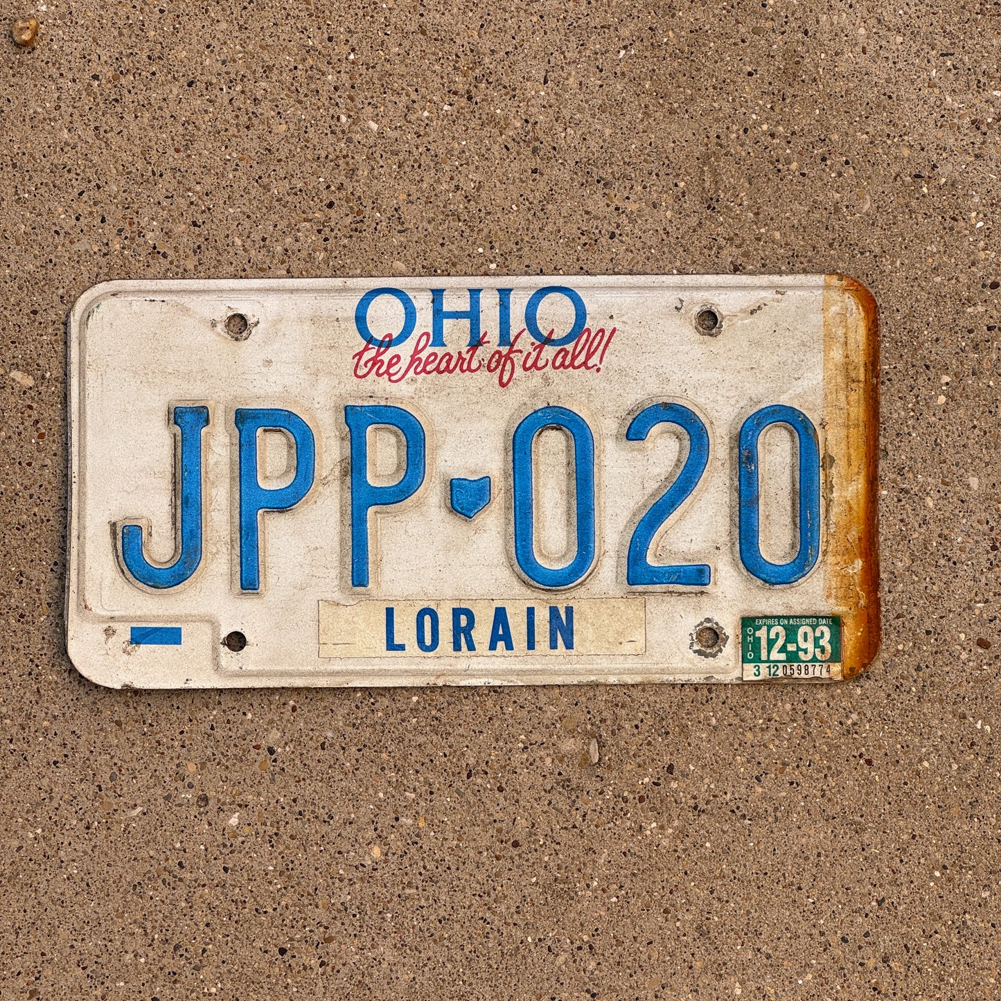 Photo of a 1991 1993 Ohio License Plate Auto Tag 1 Vintage Garage JPP 020 with original patina