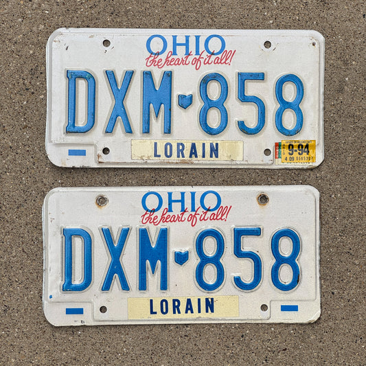 Photo of a 1991 1994 Ohio License Plate Pair Auto Tag Garage Decor Vintage DXM 858 with original patina
