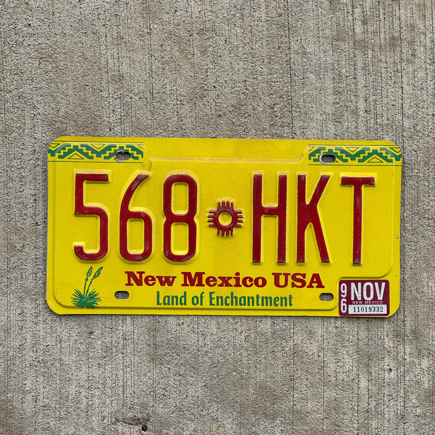 Photo of a 1991 1996 New Mexico License Plate Auto Tag Garage Decor Vintage 568 HKT with original patina