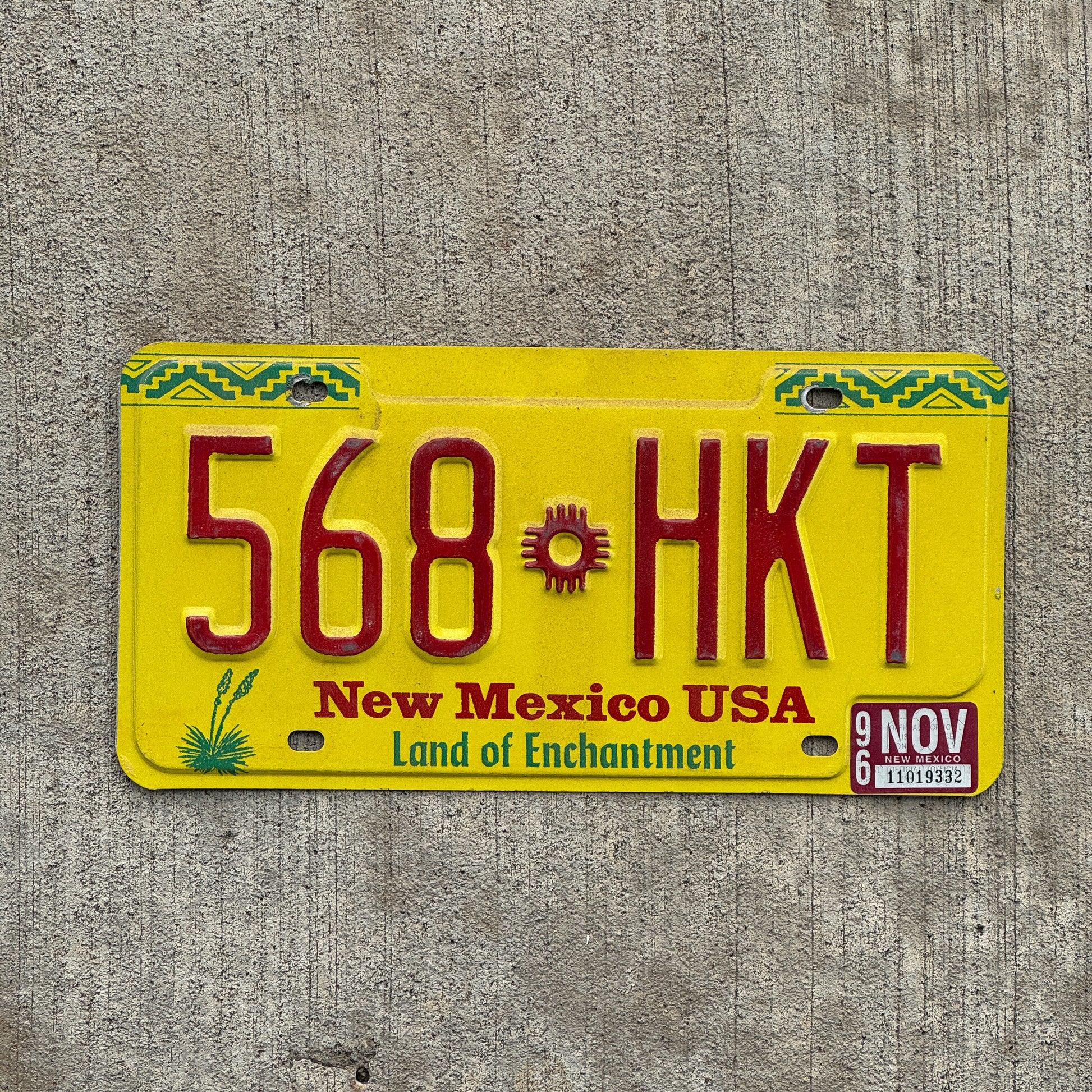 Photo of a 1991 1996 New Mexico License Plate Auto Tag Garage Decor Vintage 568 HKT with original patina