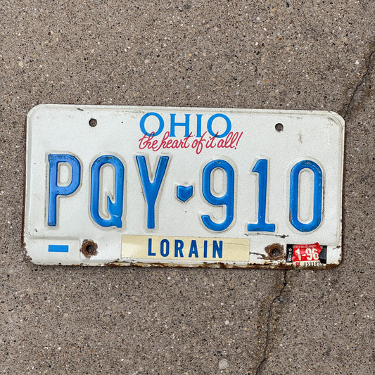 Photo of a 1991 1996 Ohio License Plate Auto Tag 1 Vintage Garage PQY 910 with original patina