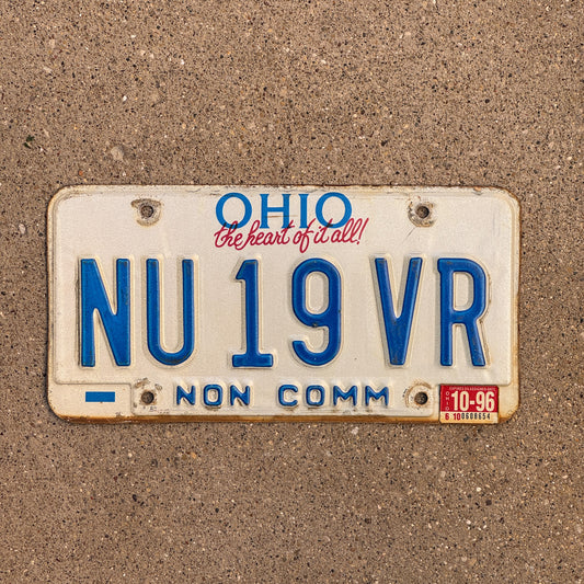 Photo of a 1991 1996 Ohio Truck License Plate Auto Tag 1 Vintage Garage Non Commercial NU 19 VR with original patina