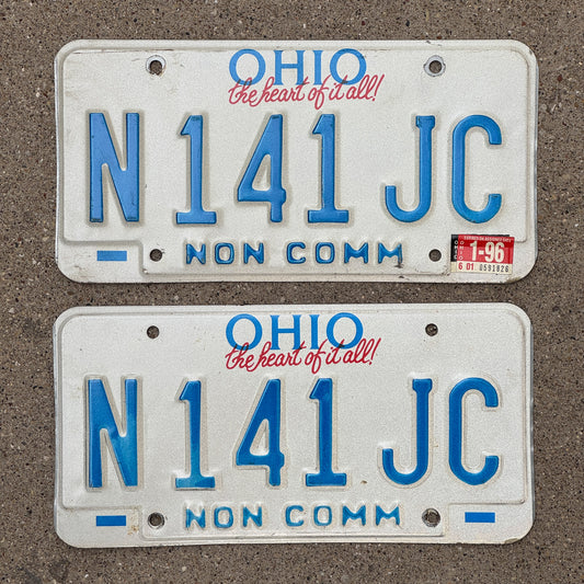 Photo of a 1991 1996 Ohio Truck License Plate Pair Auto Tag Garage Decor Vintage Non Commercial N 141 JC with original patina