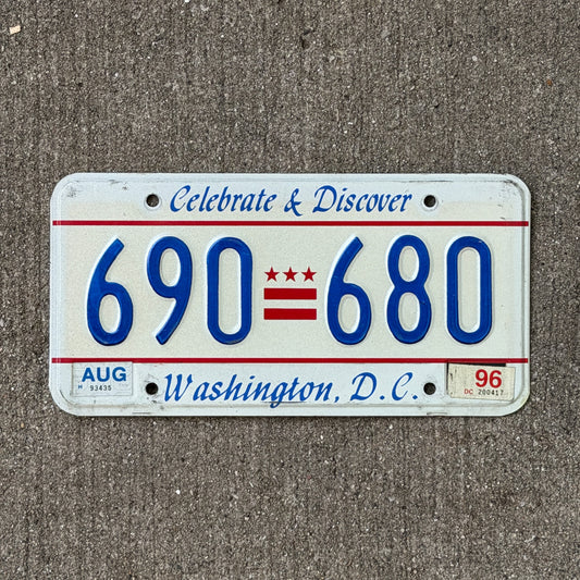 Photo of a 1991 1996 Washington DC License Plate Auto Tag Garage Decor Vintage Celebrate & Discover 690 680 with original patina