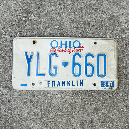 Photo of a 1991 1997 Ohio License Plate Auto Tag Garage Decor Vintage YLG 660 with original patina