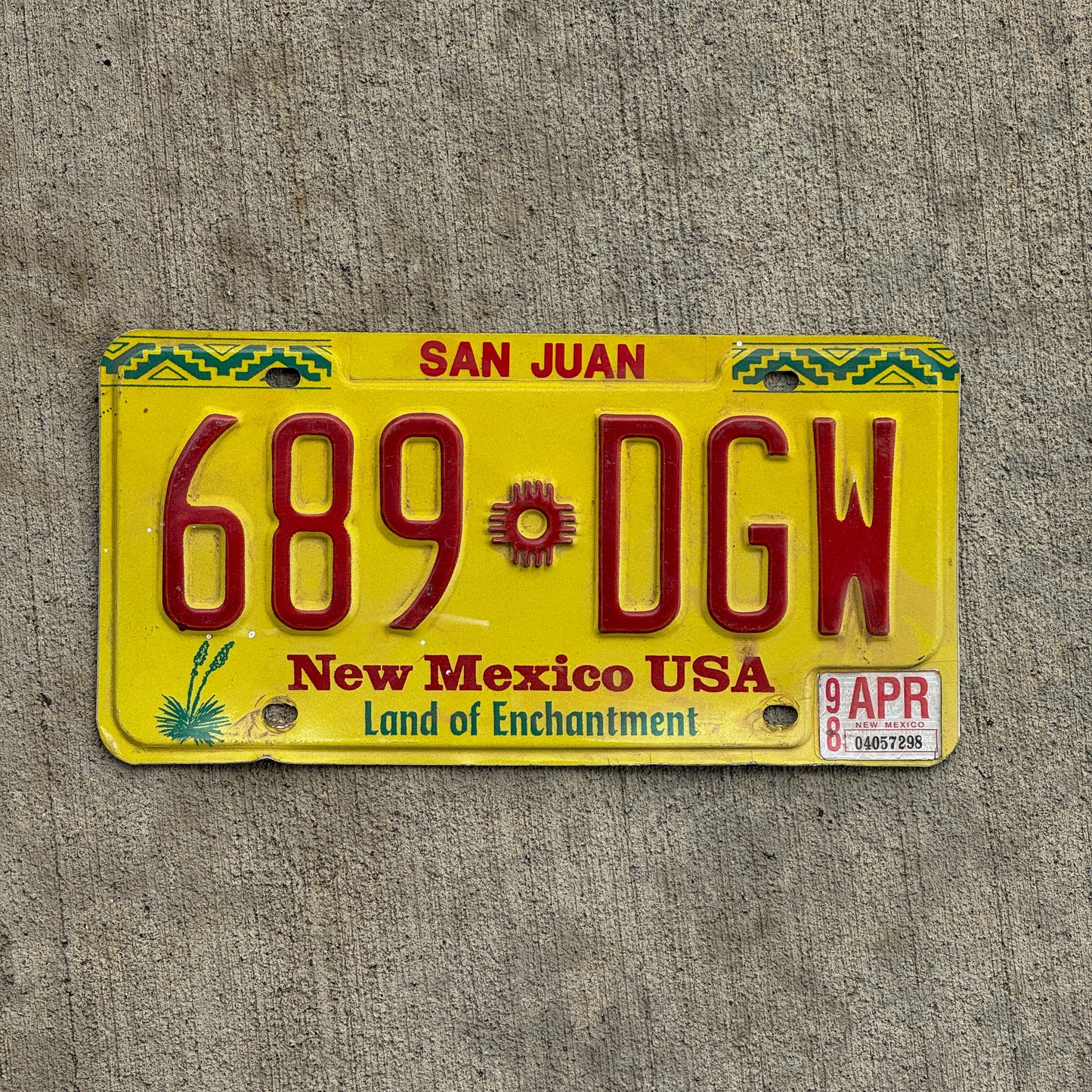 Photo of a 1991 1998 New Mexico License Plate Auto Tag Garage Decor Vintage 689 DGW with original patina