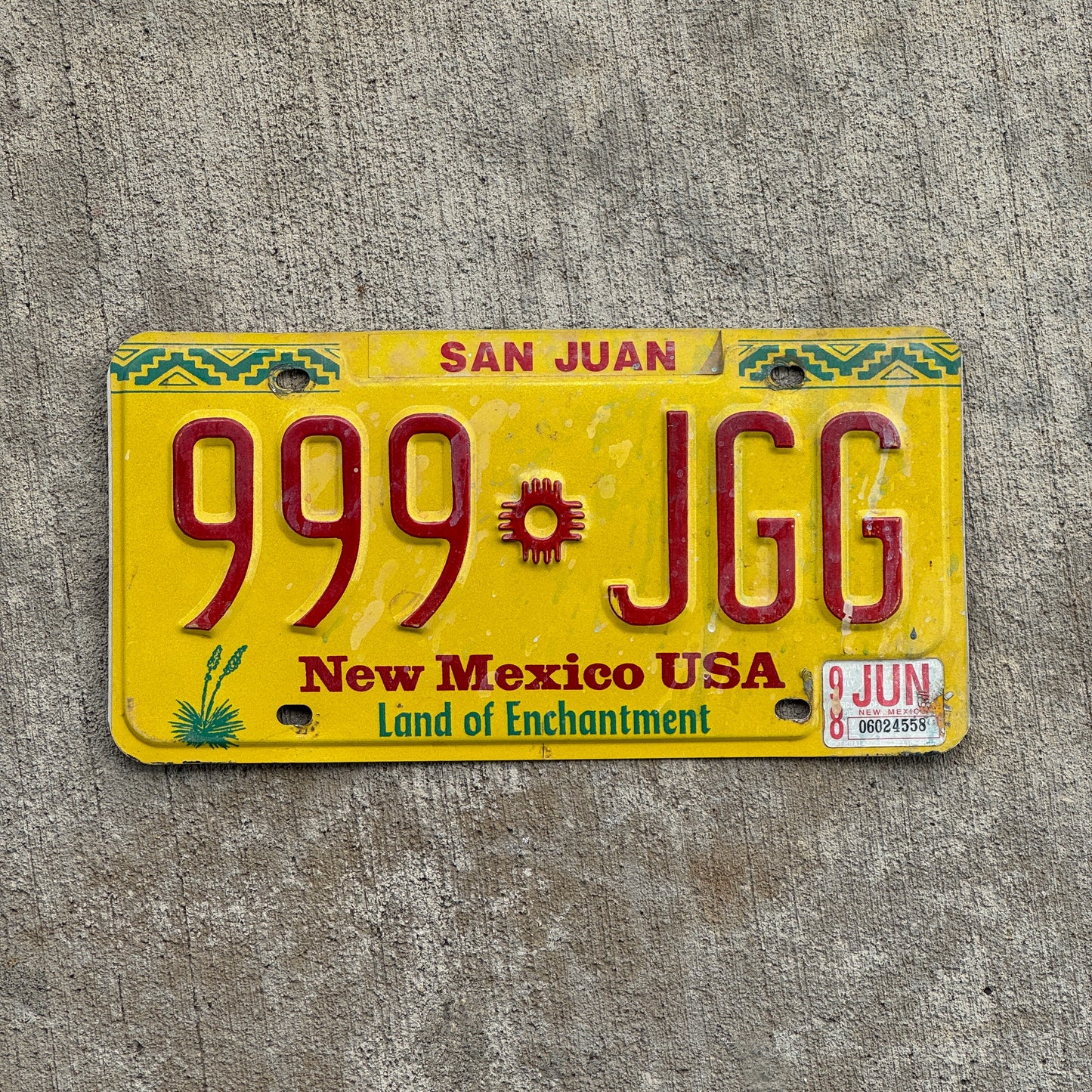 Photo of a 1991 1998 New Mexico License Plate Auto Tag Garage Decor Vintage Repeat Repeating 999 JGG with original patina