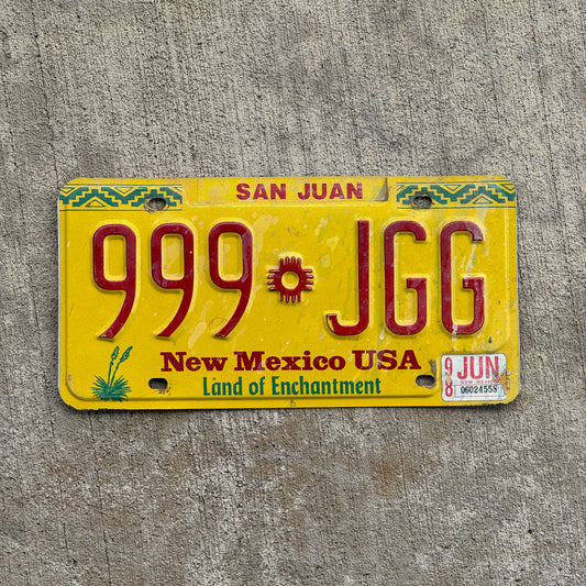 Photo of a 1991 1998 New Mexico License Plate Auto Tag Garage Decor Vintage Repeat Repeating 999 JGG with original patina