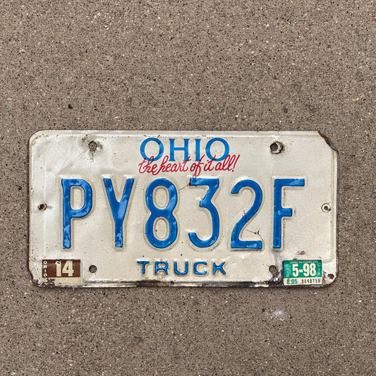 Photo of a 1991 1998 Ohio Truck License Plate Auto Tag Garage Decor Vintage PY 832 F with original patina