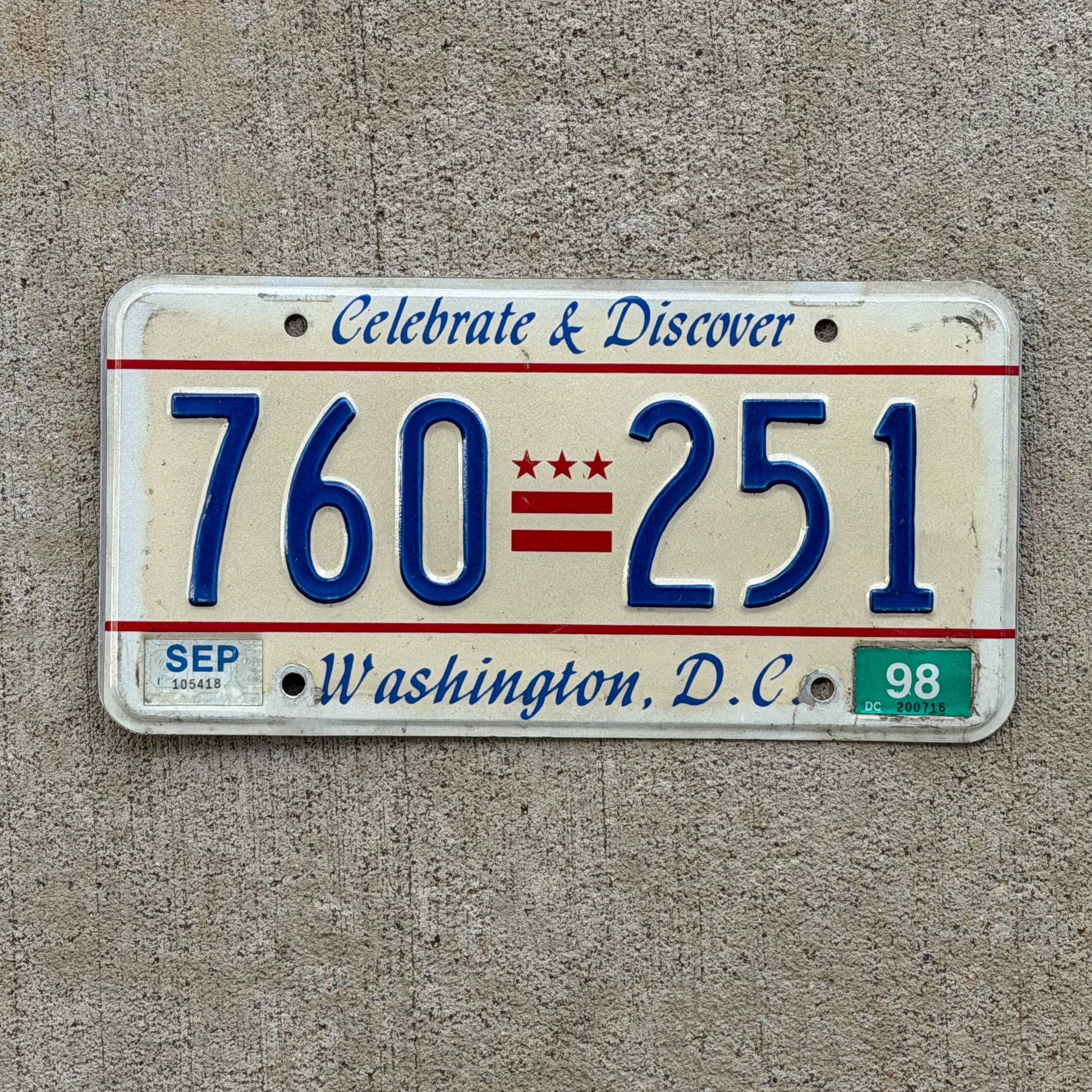 Photo of a 1991 1998 Washington DC License Plate Auto Tag Garage Decor Vintage Celebrate and Discover 760 251 with original patina