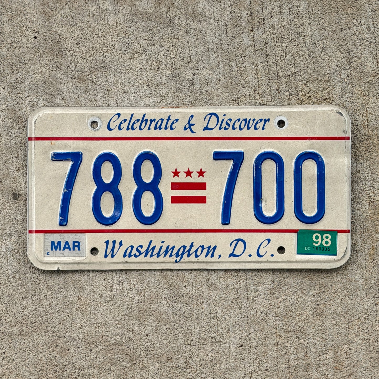 Photo of a 1991 1998 Washington DC License Plate Auto Tag Garage Decor Vintage Celebrate and Discover 788 700 with original patina