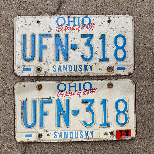 Photo of a 1991 2000 Ohio License Plate Pair Auto Tag Garage Decor Vintage UFN 318 with original patina