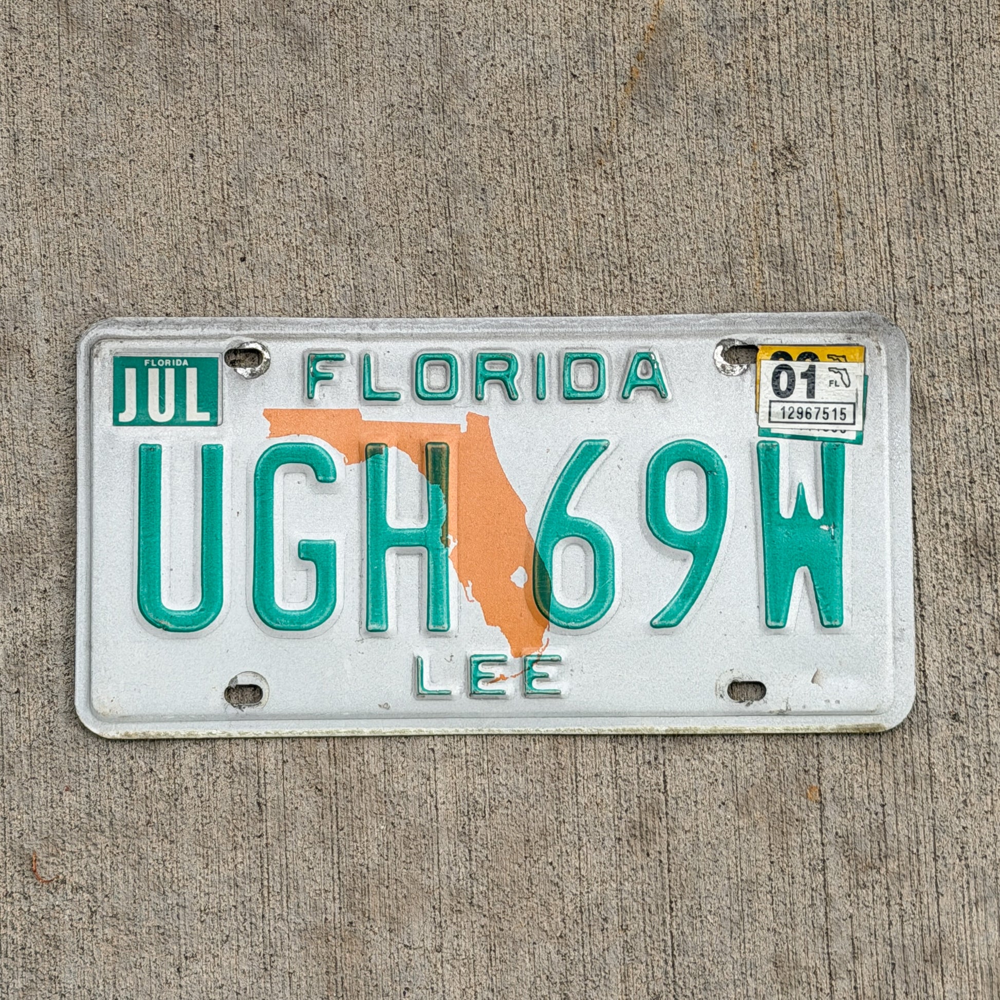 Photo of a 1991 2001 Florida License Plate Auto Tag Garage Decor Vintage UGH 69W with original patina