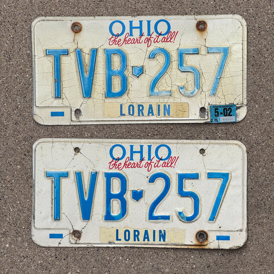 Photo of a 1991 2002 Ohio License Plate Pair Auto Tag Garage Decor Vintage TVB 257 with original patina