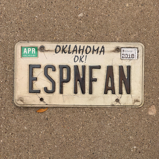 Photo of a 1991 2018 Oklahoma Vanity License Plate Auto Tag Garage Decor Vintage Sports TV Fan ESPN FAN with original patina