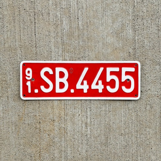 Photo of a 1991 Belgium SHAPE Brigade License Plate Auto Tag 2 Vintage NATO Supreme Headquarters Allied Powers Europe SB 4455 with original patina