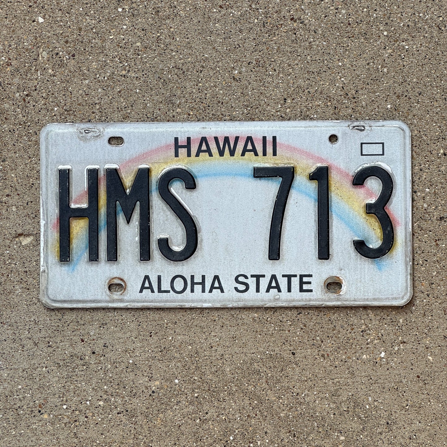 Photo of a 1991 Hawaii License Plate Auto Tag Garage Decor Vintage Rainbow Boat Ship HMS 713