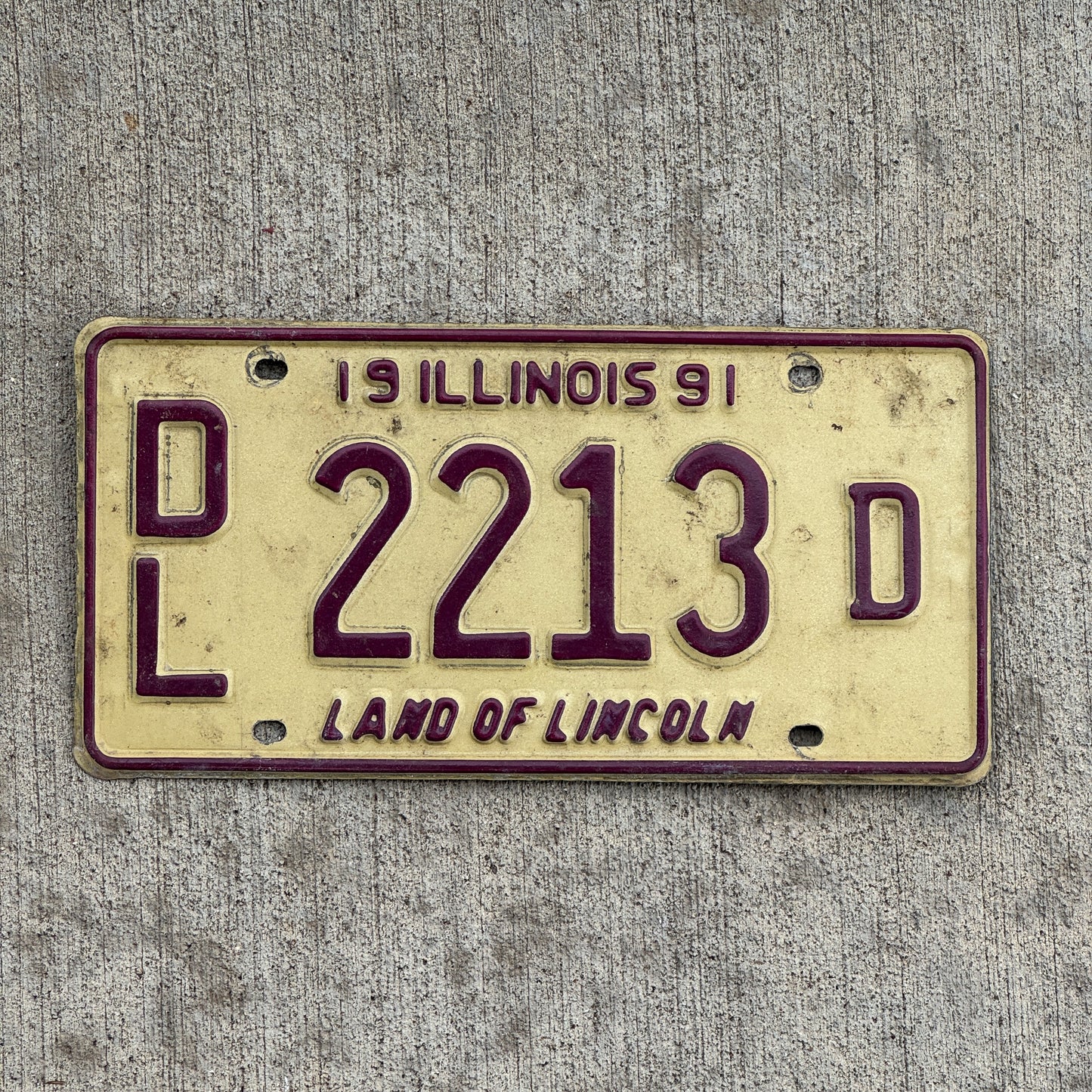 Photo of a 1991 Illinois Dealer License Plate Auto Tag 2 Vintage Garage 2213 D with original patina