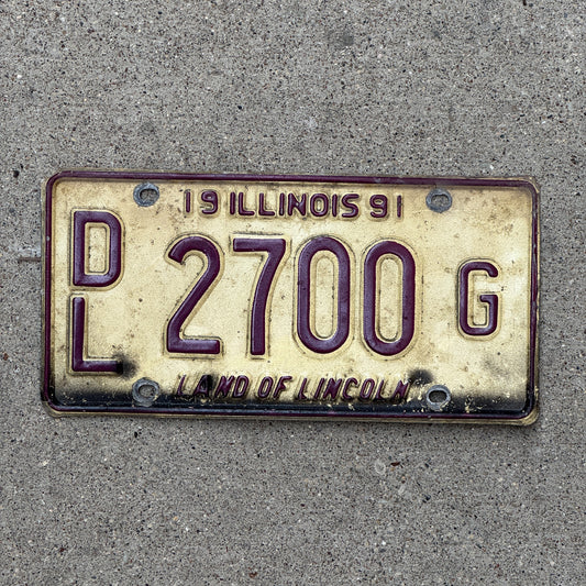 Photo of a 1991 Illinois Dealer License Plate Auto Tag 2 Vintage Garage 2700 G with original patina