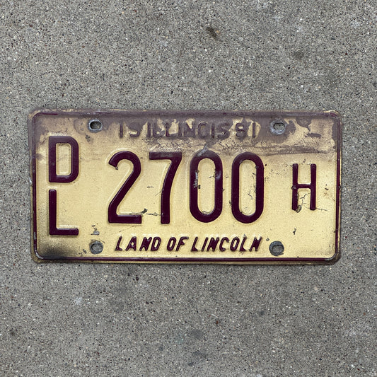 Photo of a 1991 Illinois Dealer License Plate Auto Tag Garage Decor Vintage 2700 H with original patina