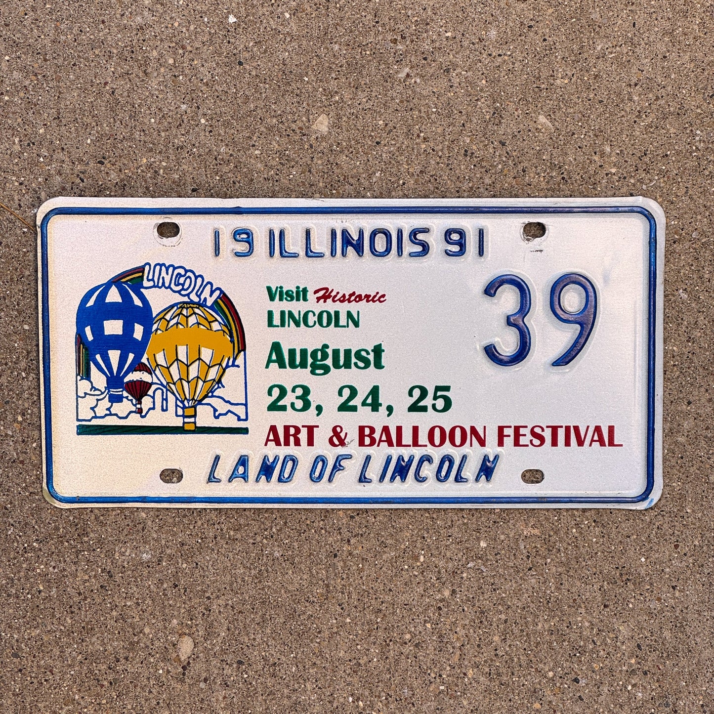 Photo of a 1991 Illinois Event License Plate Auto Tag Garage Decor Vintage Art & Balloon Festival 39 with original patina