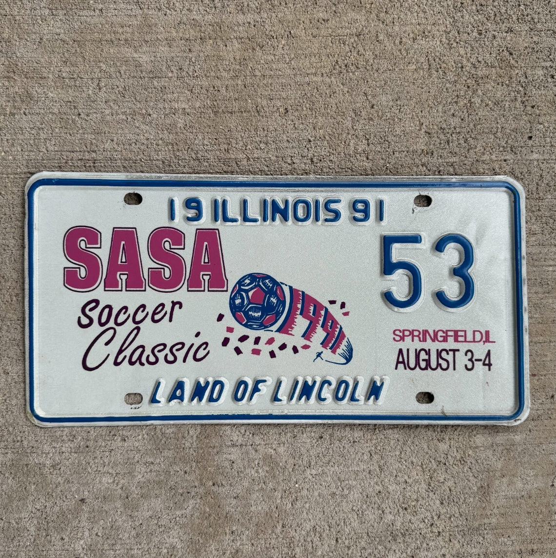 Photo of a 1991 Illinois Event License Plate Auto Tag Soccer Classic SASA Springfield IL 53