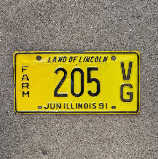 Photo of a 1991 Illinois Farm License Plate Auto Tag Garage Decor 205 VG