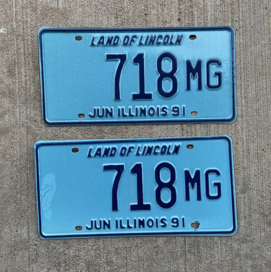 Photo of a 1991 Illinois Truck Mileage Tax License Plate Pair Auto Tag Garage Decor Vintage 718 MG with original patina