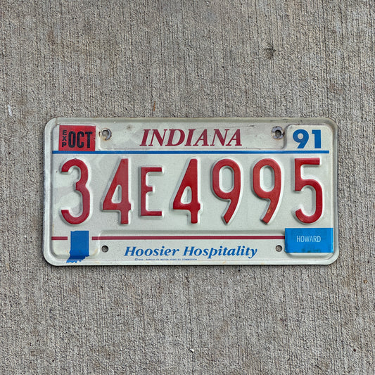 Photo of a 1991 Indiana License Plate Auto Tag Garage Decor Vintage 34 E 4995 with original patina
