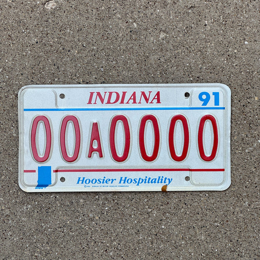 Photo of a 1991 Indiana Sample License Plate Auto Tag 2 Garage Decor 00A0000 with original patina