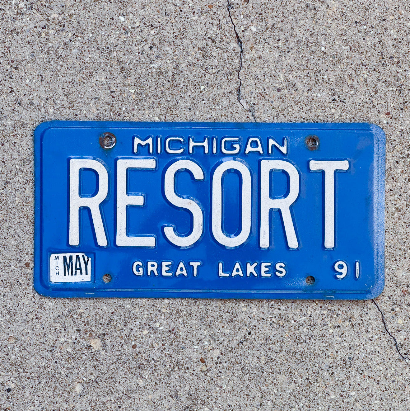 Photo of a 1991 Michigan Vanity License Plate Auto Tag Garage Decor Vintage Vacation RESORT with original patina
