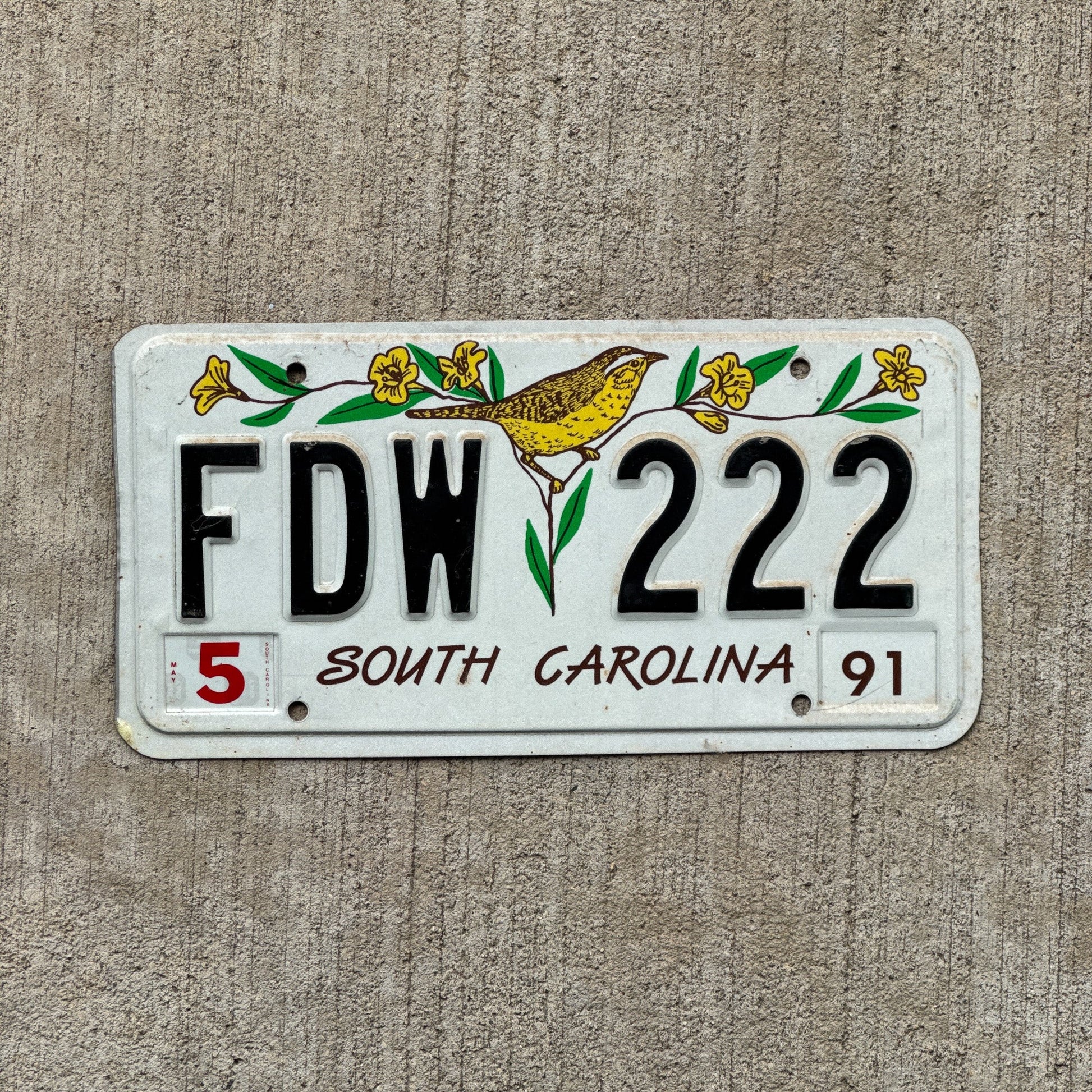 Photo of a 1991 South Carolina License Plate Auto Tag Garage Decor Vintage Bird Repeat Repeating FDW 222