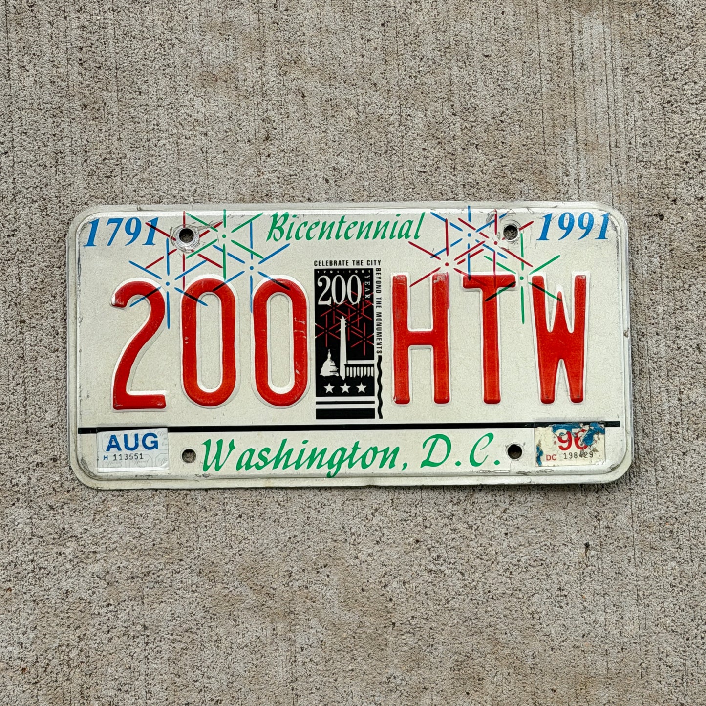 Photo of a 1991 Washington DC License Plate Auto Tag 1 Vintage Garage DC Bicentennial 200 HTW with original patina