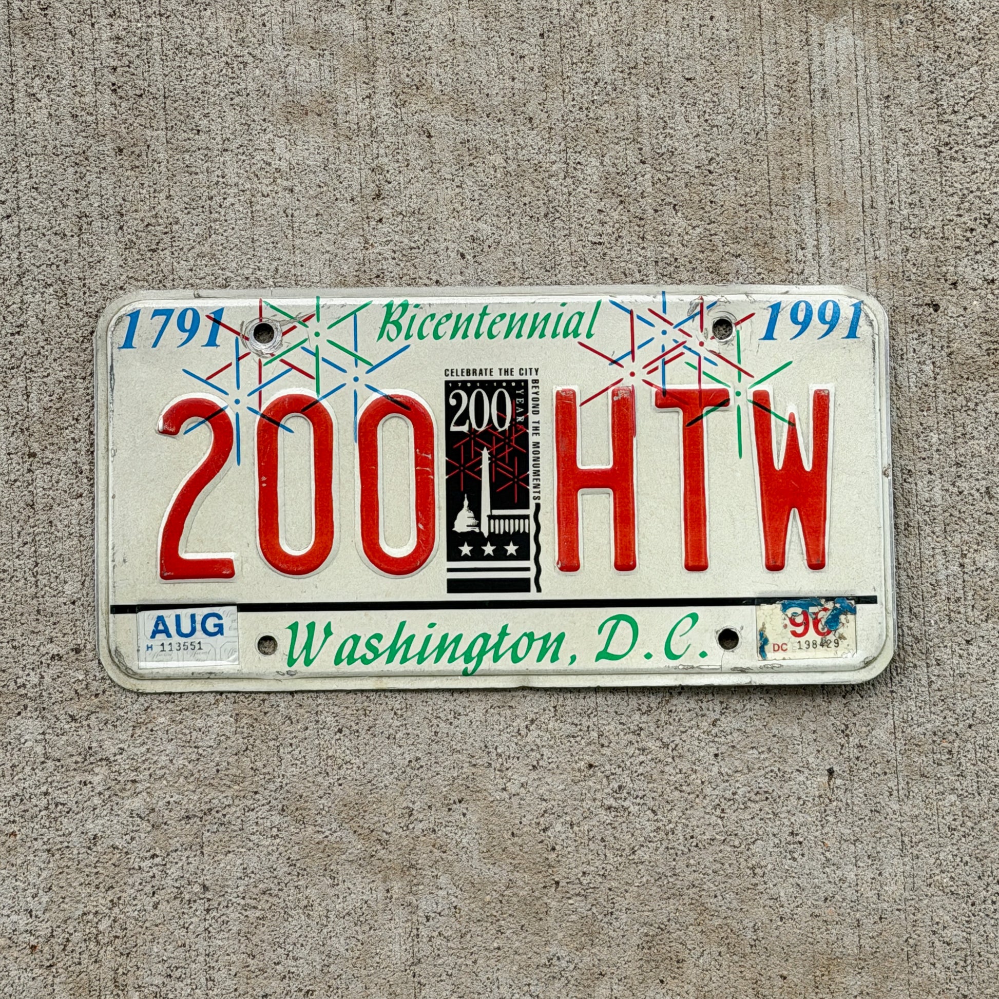 Photo of a 1991 Washington DC License Plate Auto Tag 1 Vintage Garage DC Bicentennial 200 HTW with original patina